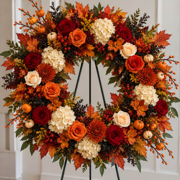 Autumn wreath with roses, hydrangeas, and pumpkins on a stand