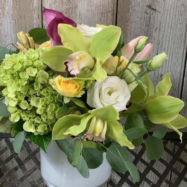 Bouquet of green orchids, hydrangea, roses, and calla lilies in a white vase