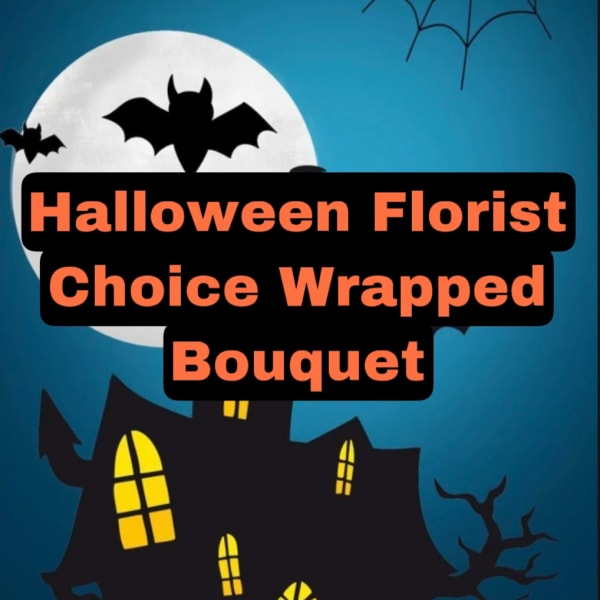 Halloween-themed graphic with bats, a haunted house, and bold text.