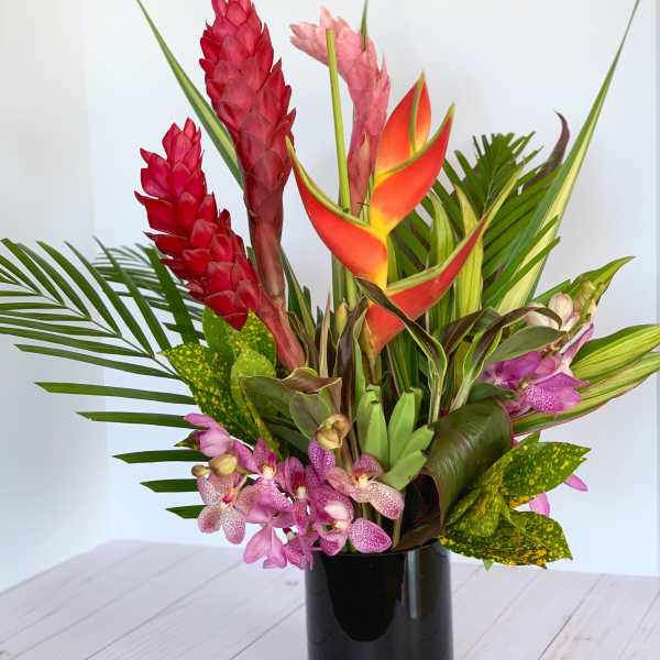Tropical flower arrangement in a black vase with red and orange blooms