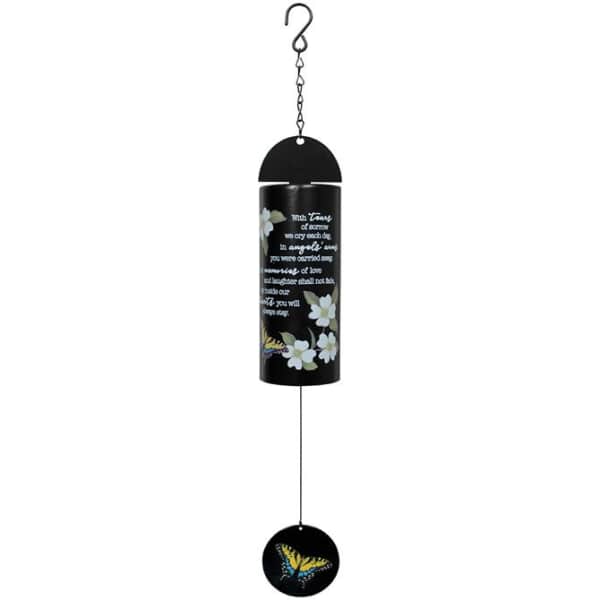 Black memorial wind chime with white flowers and a butterfly pendant