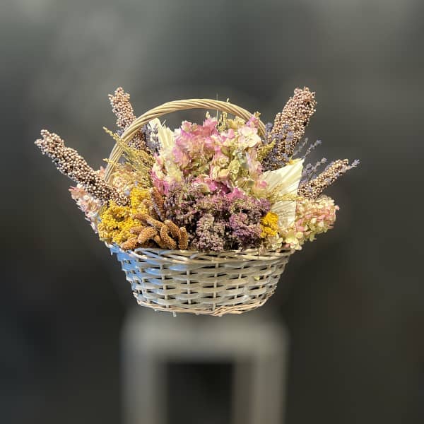 Dried and Preserved flowers in basket (containers/botanicals vary)