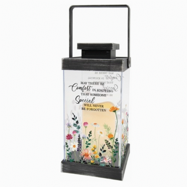 Decorative lantern with a sympathy message and small floral print
