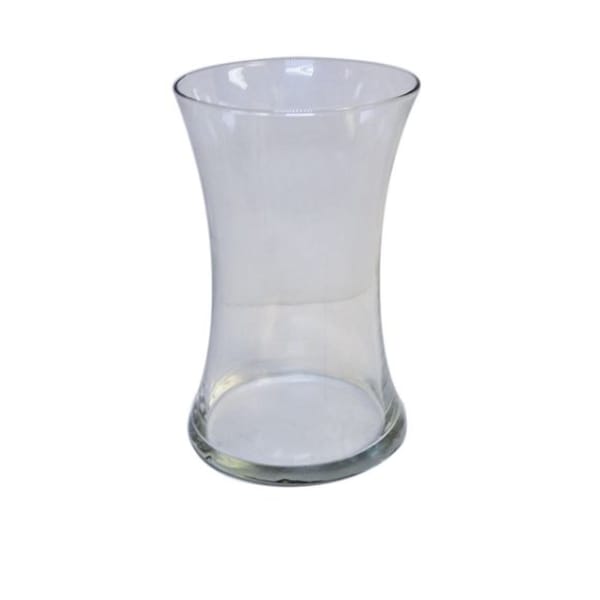 Clear hourglass-shaped glass vase on a white background