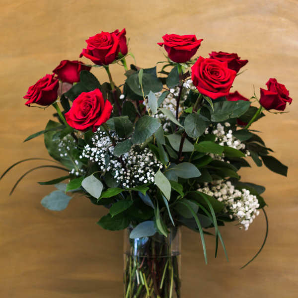 12 Long stem Red roses in a vase