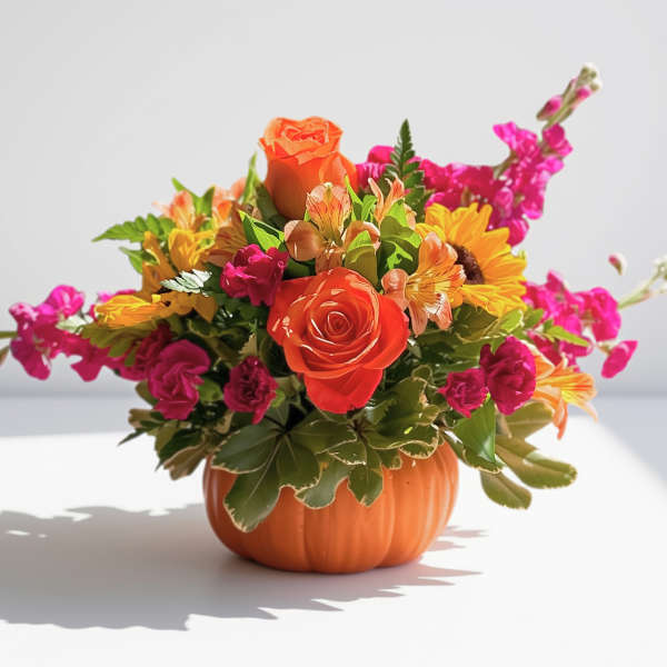 Orange and pink flower arrangement in a pumpkin-shaped container