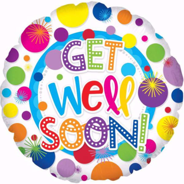Round balloon with colorful "GET WELL SOON!" text