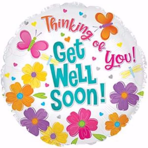 Round balloon with "Thinking of You! Get Well Soon!" text and colorful flowers