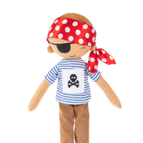 Pirate-themed plush doll with a red polka-dot bandana and striped shirt