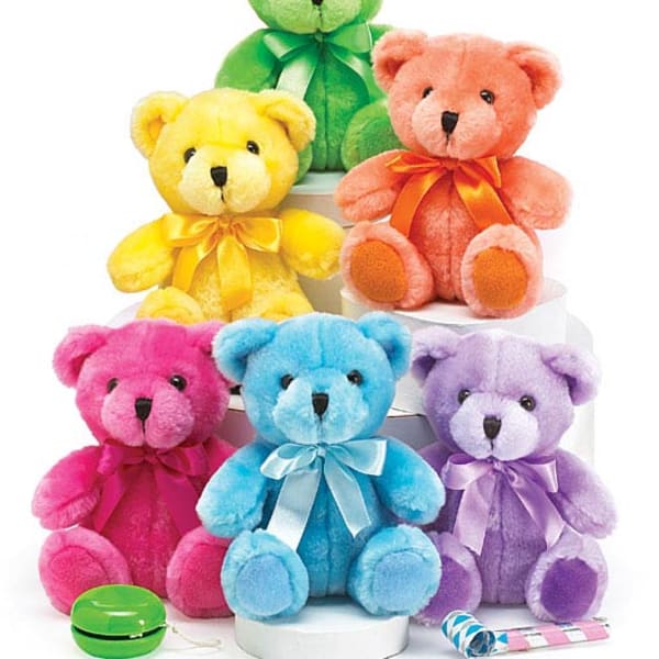 Five colorful teddy bears with ribbons on white stands