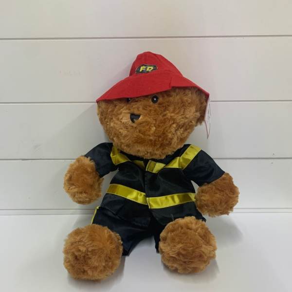 Teddy bear in a red firefighter hat and black uniform