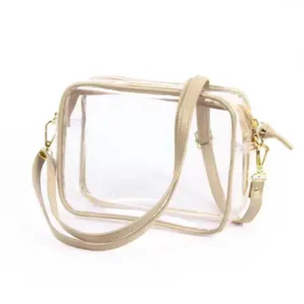 Clear rectangular handbag with beige straps and gold hardware