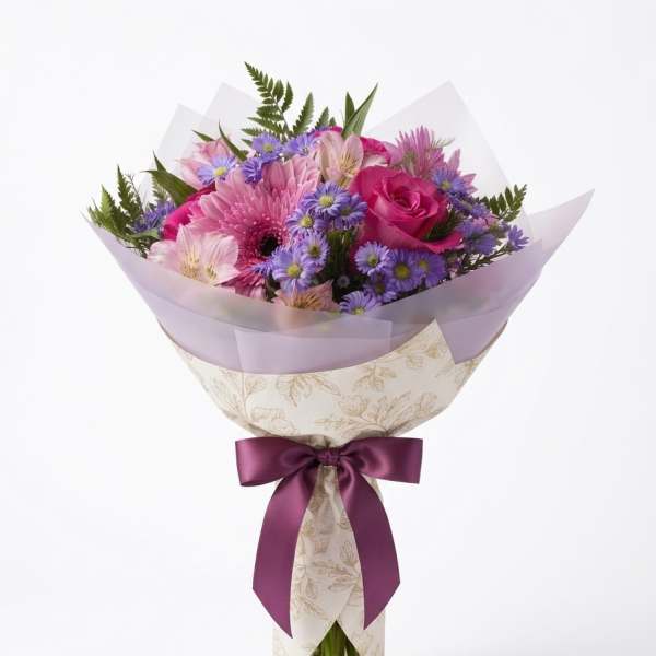 Pink and purple mixed bouquet wrapped in patterned paper with a satin ribbon