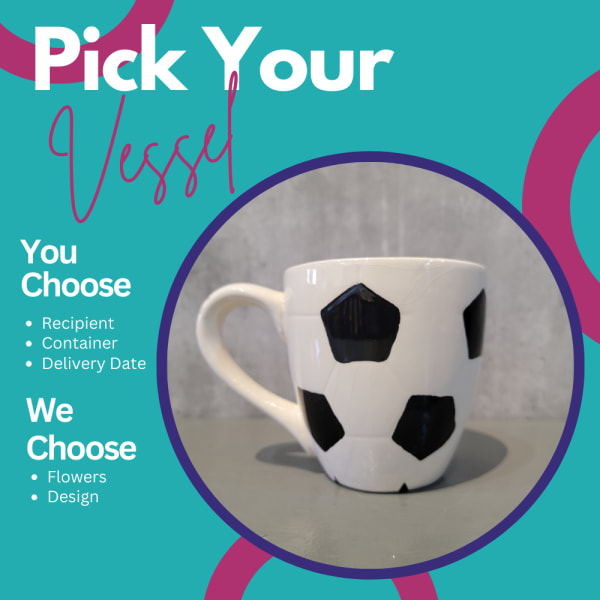 White mug with black cow spots on a teal promotional background