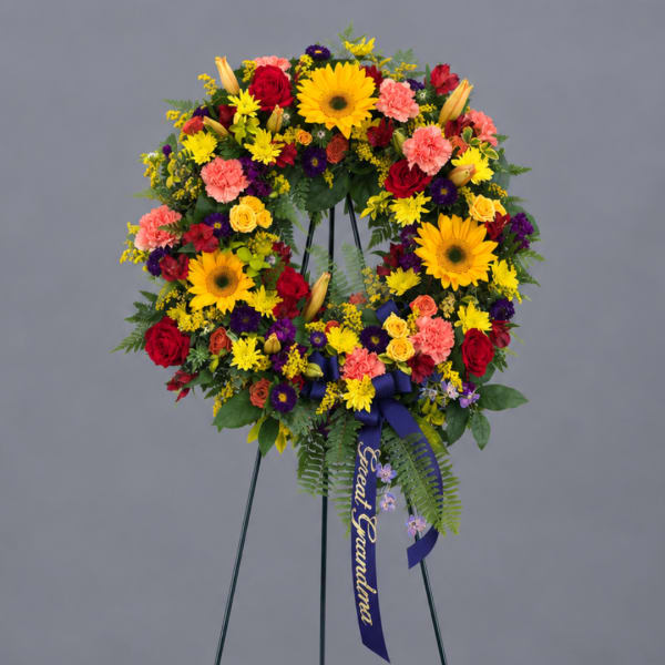 Colorful standing floral wreath on an easel with a purple ribbon