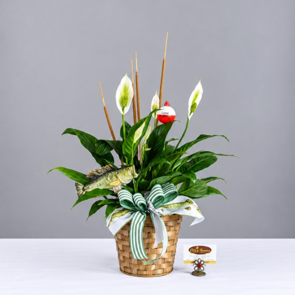 Potted peace lilies in a woven basket with a striped ribbon and fish decoration
