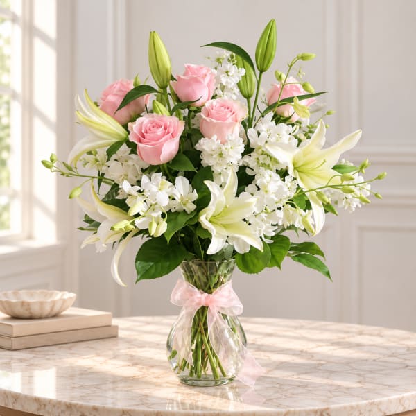 Pink roses and white lilies in a clear glass vase with a pink ribbon