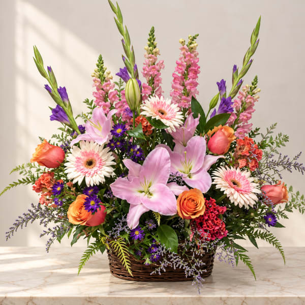 Mixed bouquet in a wicker basket with pink lilies and gerbera daisies