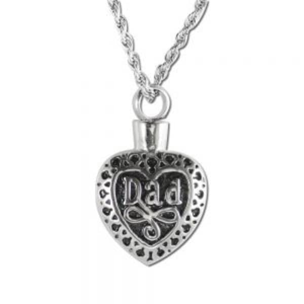 Heart-shaped pendant necklace with "Dad" text