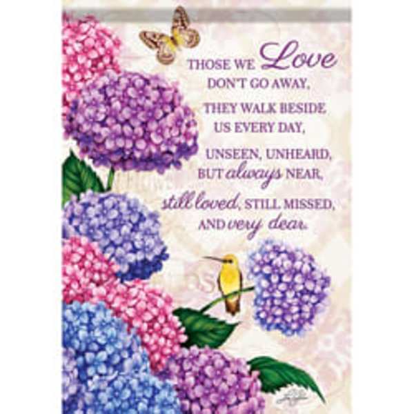Hydrangea-themed memorial sign with purple text and butterflies