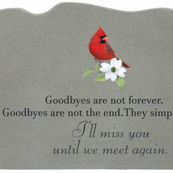 Gray memorial plaque with a red cardinal and white flower graphic