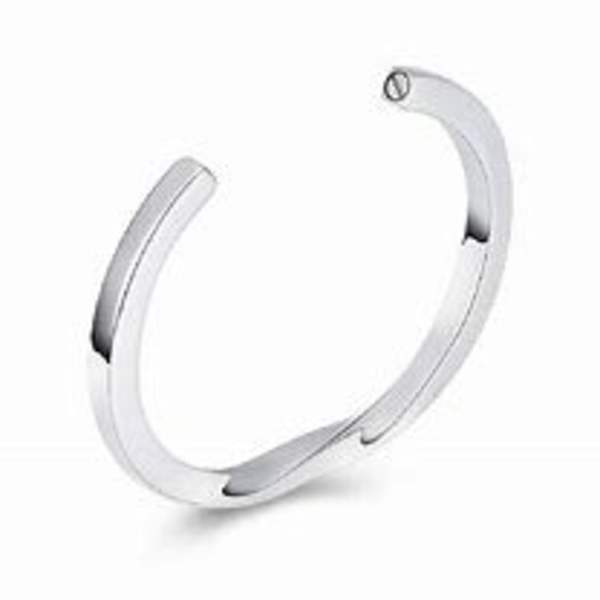 Silver open cuff bracelet on a white background