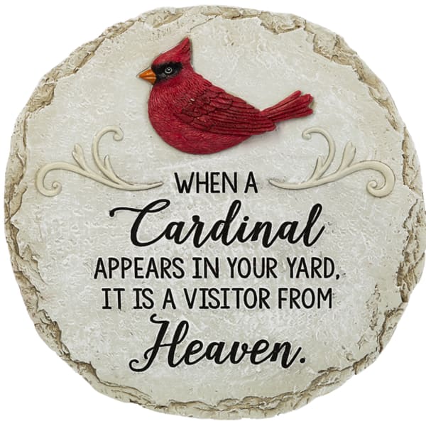 Round memorial plaque with a red cardinal and sympathy text