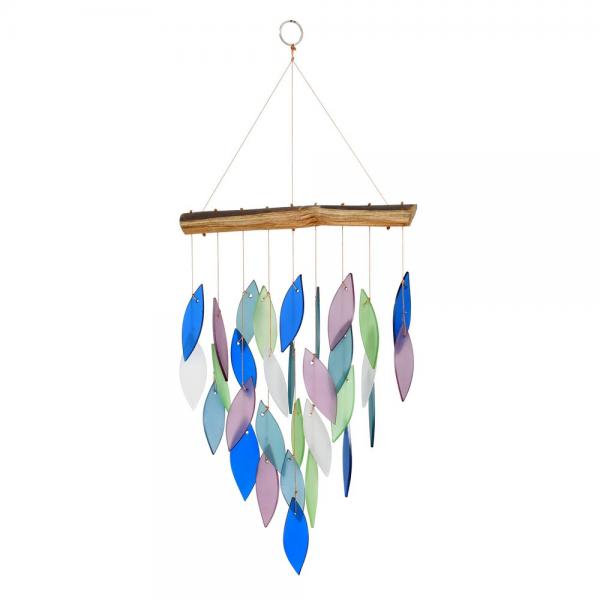 Hanging mobile with colorful leaf-shaped pieces on a wooden bar