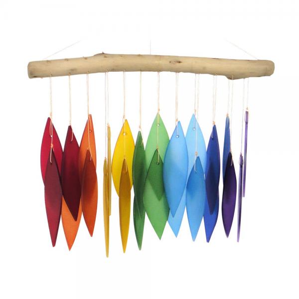 Rainbow-colored hanging leaf mobile on a wooden branch