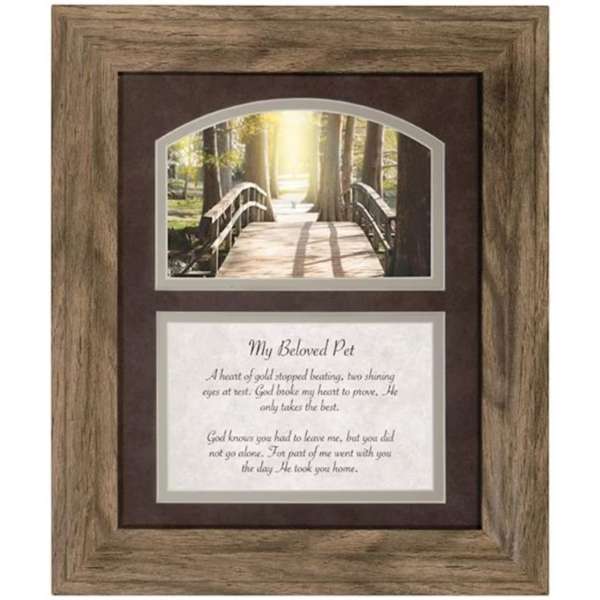 Framed memorial print with a bridge scene and pet remembrance poem