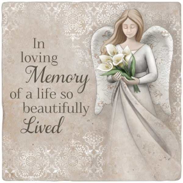 Sympathy plaque with an angel holding white calla lilies and memorial text