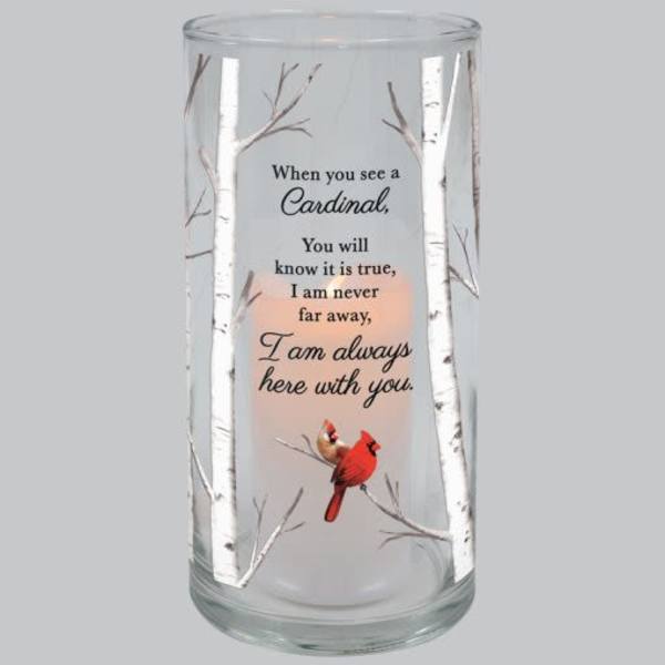 Glass candle holder with cardinal memorial text and bird illustration