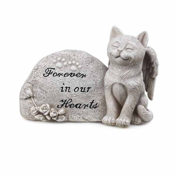 Stone memorial with a sleeping cat figurine and the words "Forever in our Hearts"