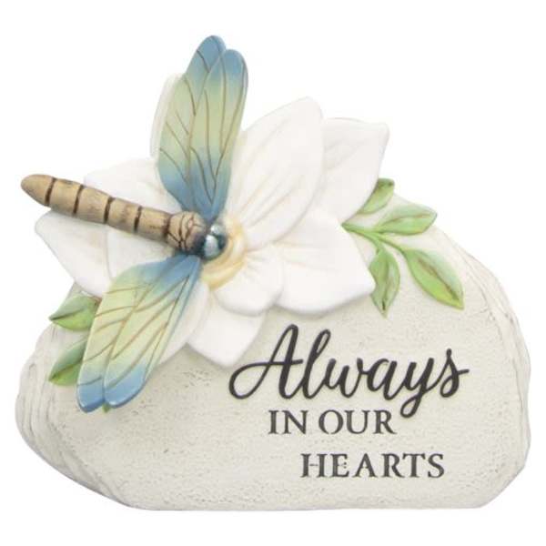 Decorative memorial stone with a dragonfly and the words "Always in our hearts"