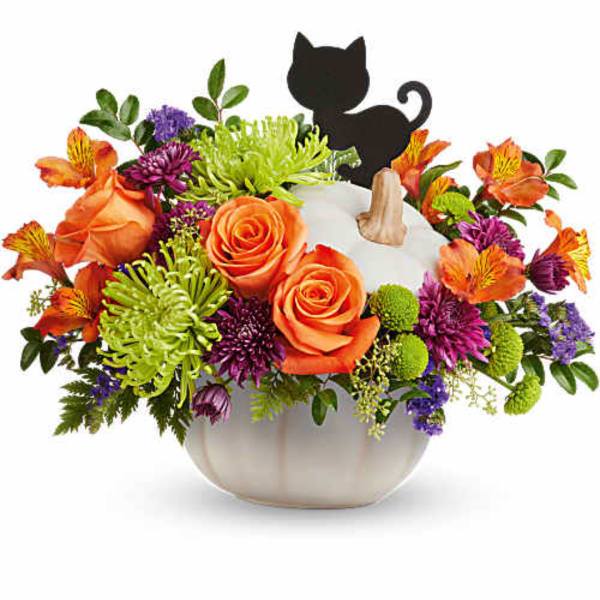 Orange and purple flower arrangement in a white pumpkin vase with a black cat topper