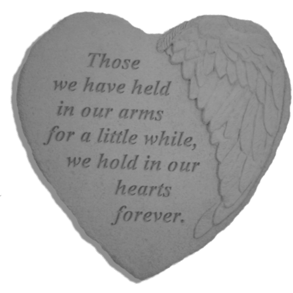 Heart-shaped memorial plaque with angel wings and a sympathy quote