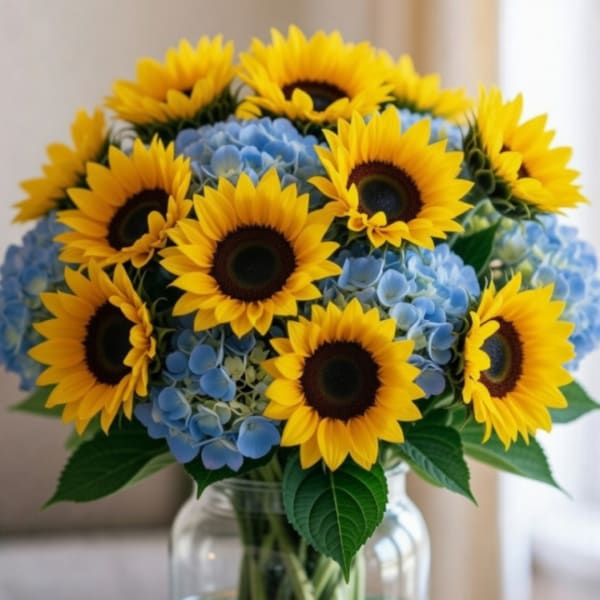 Sunflowers and blue hydrangeas arranged in a clear glass vase