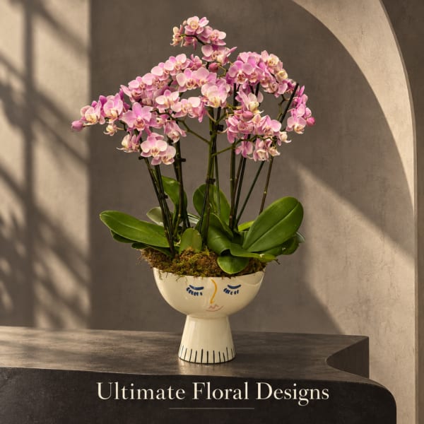 Pink orchid arrangement in a decorative face vase