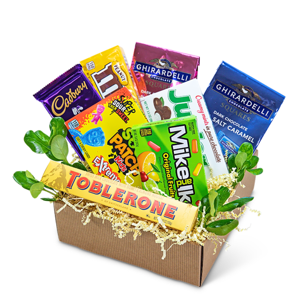 Gift box filled with assorted chocolate bars and candy