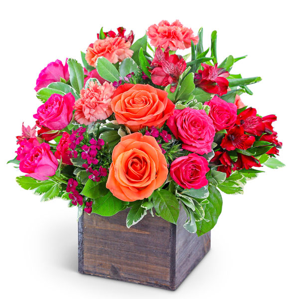 Pink and orange roses with red alstroemeria in a wooden box