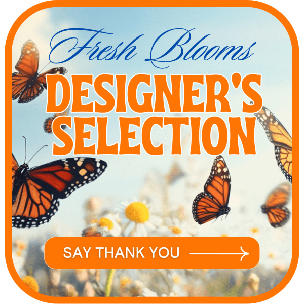Butterflies over blurred flowers with "Designer's Selection" text