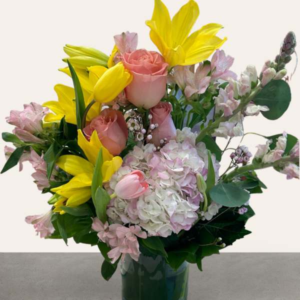 Yellow Lilies Tulips Hydrangea Modern Spring Garden Arrangement