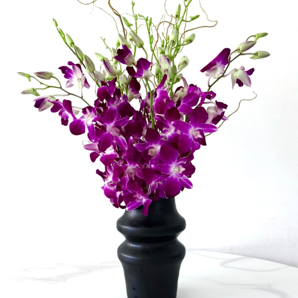 Purple orchids arranged in a black vase