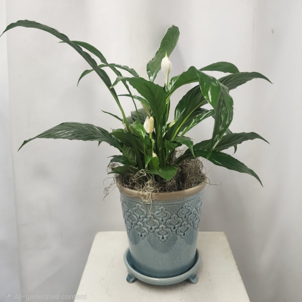 Potted peace lily plant in a blue ceramic pot