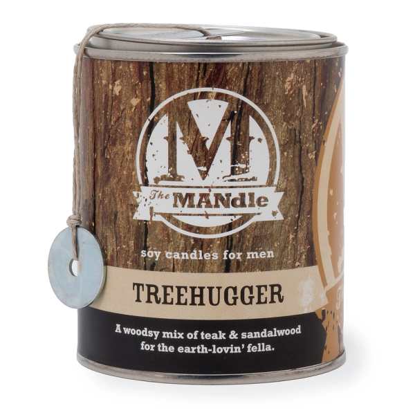 Tin candle labeled Treehugger with a wood-grain design