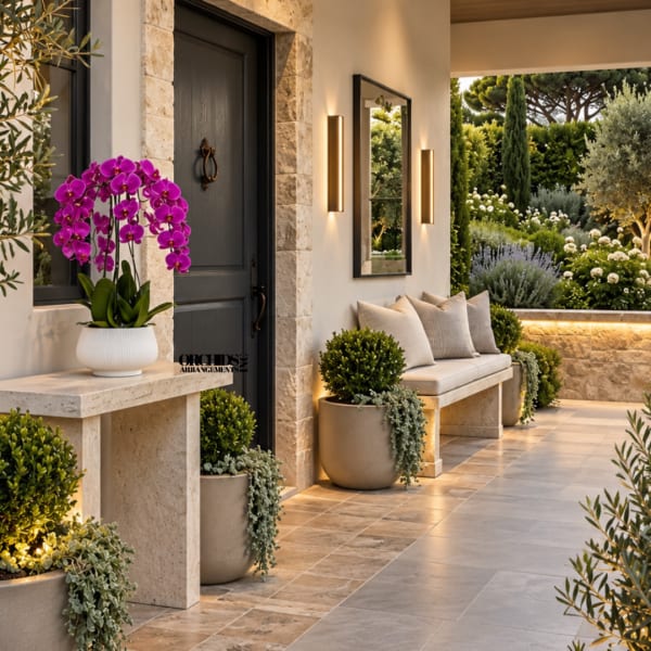 Potted purple orchid arrangement on a stone entry table