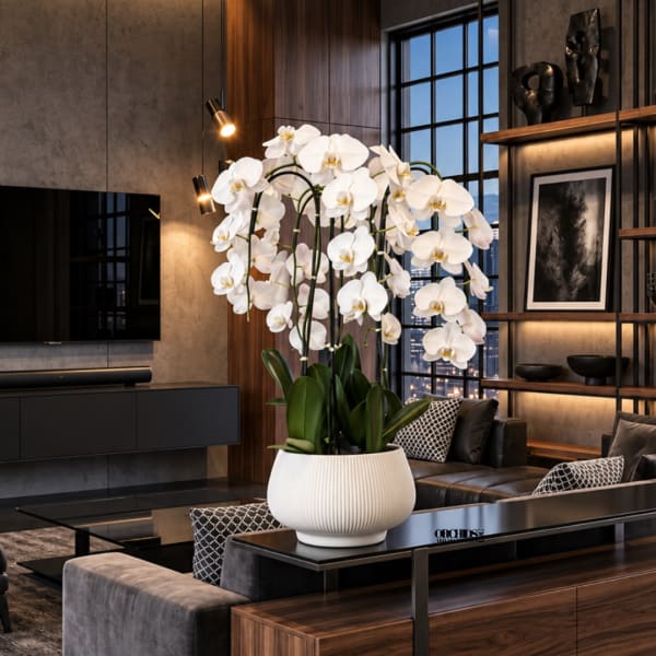 White orchid plant in a ribbed white pot on a table