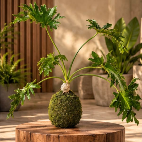 Potted plant with split green leaves on a moss-covered base