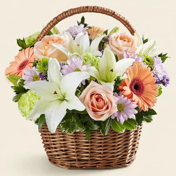 Basket of peach roses, white lilies, and pastel daisies