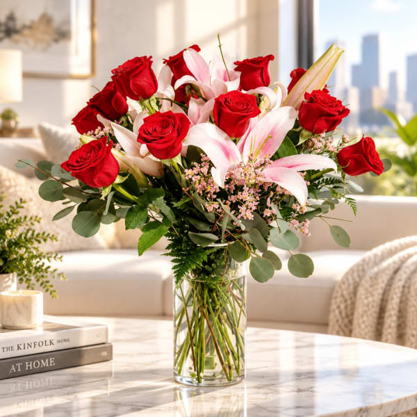 Red roses and pink lilies arranged in a clear glass vase
